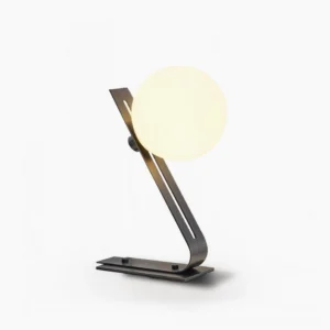 Arandela globe table lamp with black metal stand and frosted white glass shade, front view against white background