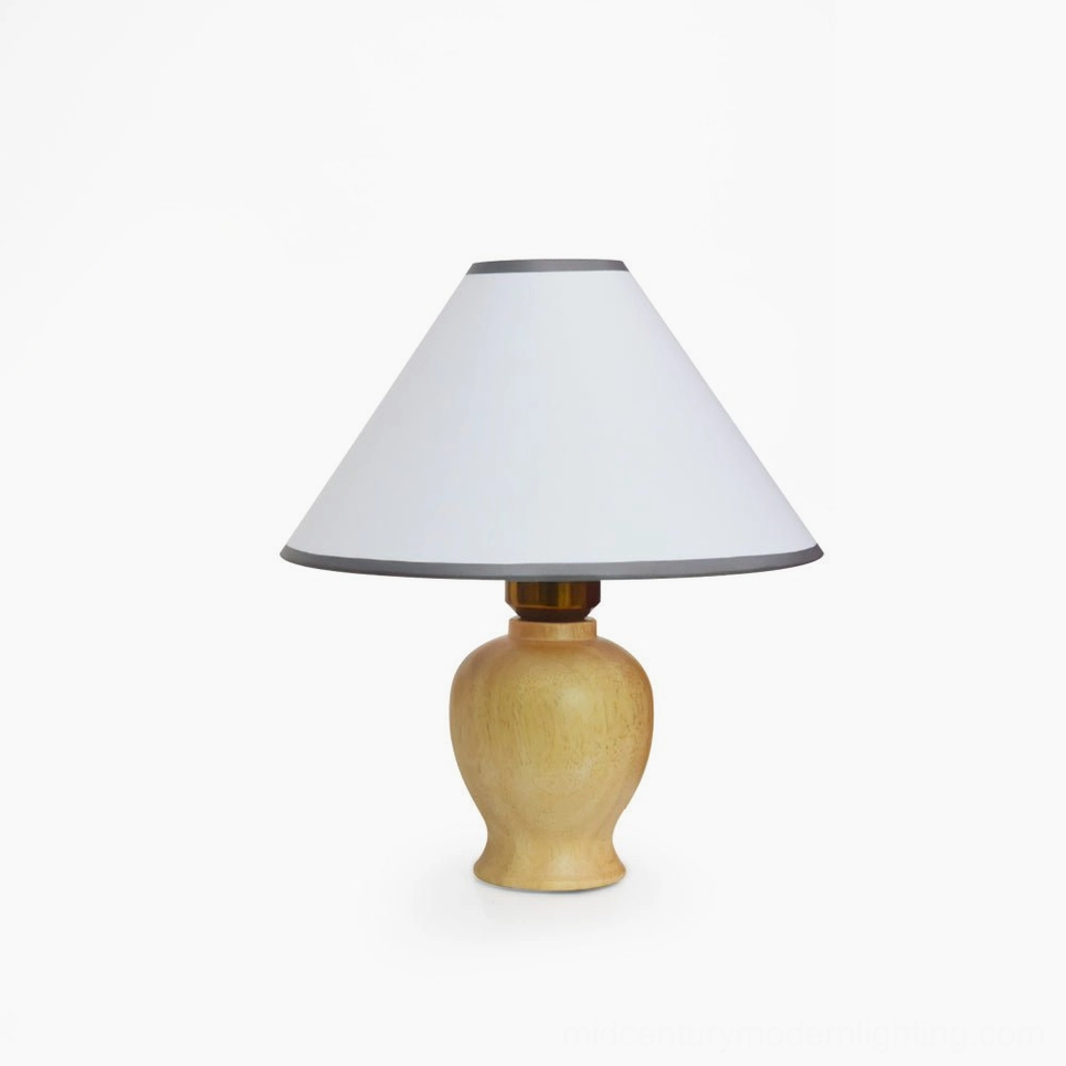 Arbol wooden table lamp with white linen shade and gray trim, full front studio view showcasing tapered fabric shade and solid wood turned base