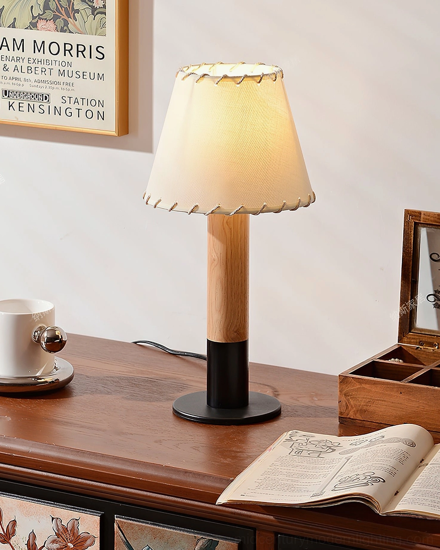 Arbor mid-century modern table lamp with museum art print and vintage home décor