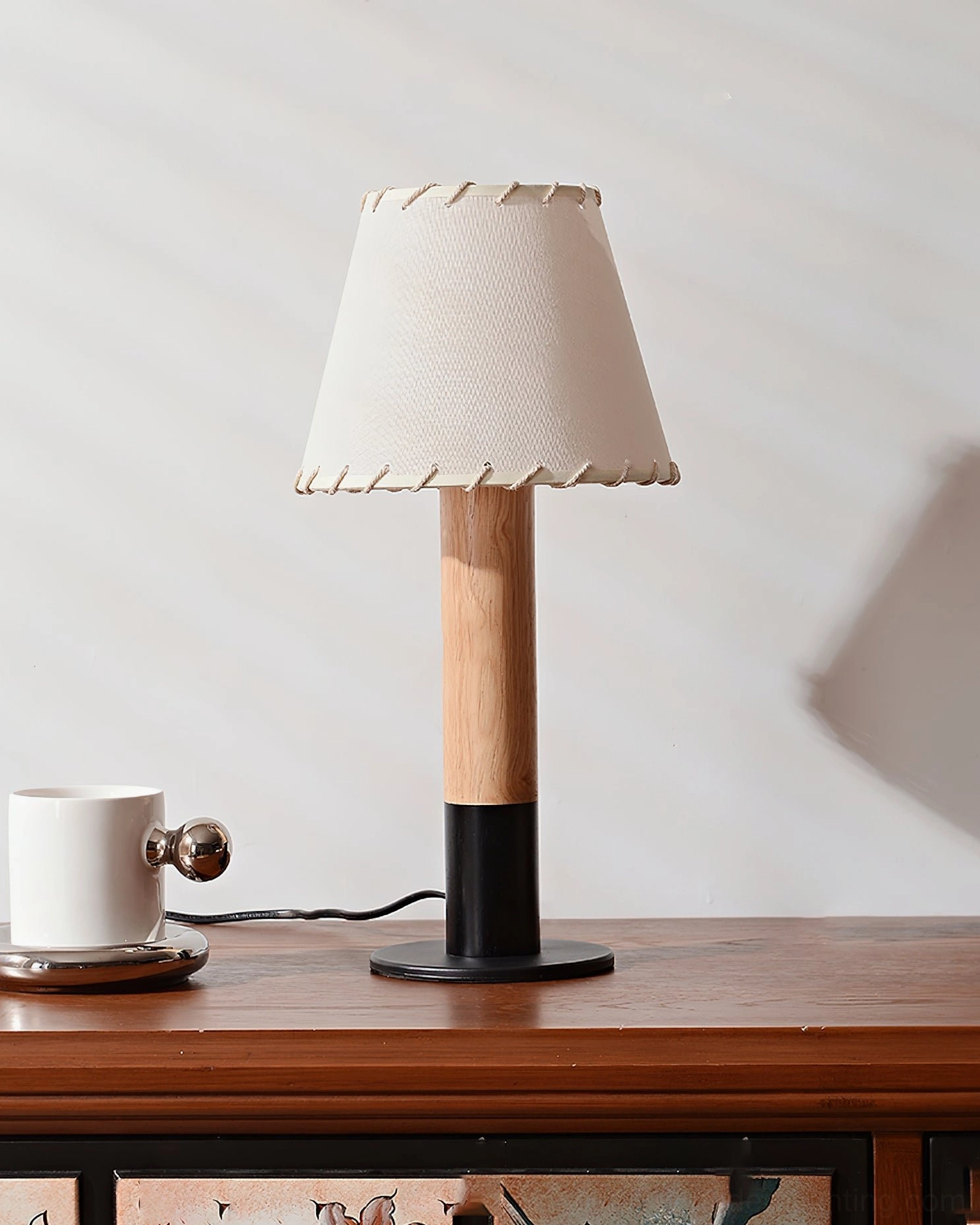 Arbor table lamp side profile view black metal stand fabric shade detail