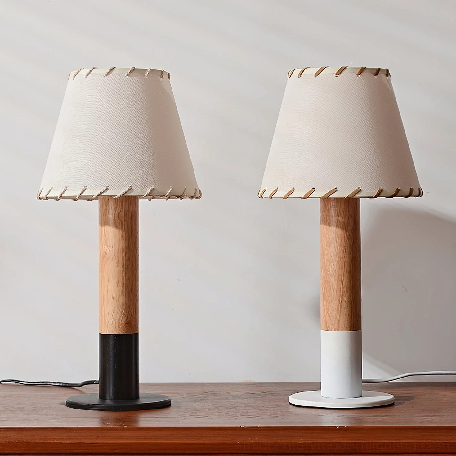 Pair of arbor mid-century modern table lamps with hand-stitched fabric shades