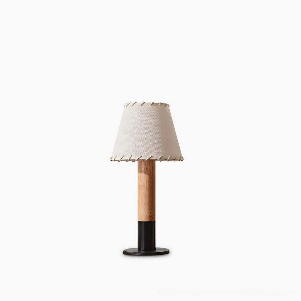 Arbor mid-century modern table lamp with natural wood base and stitched fabric shade, studio frontal view