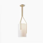 Arborescence minimalist pendant chandelier with gold brass frame and white linen cylinder shade, studio front view