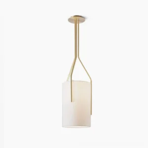 Arborescence minimalist pendant chandelier with gold brass frame and white linen cylinder shade, studio front view