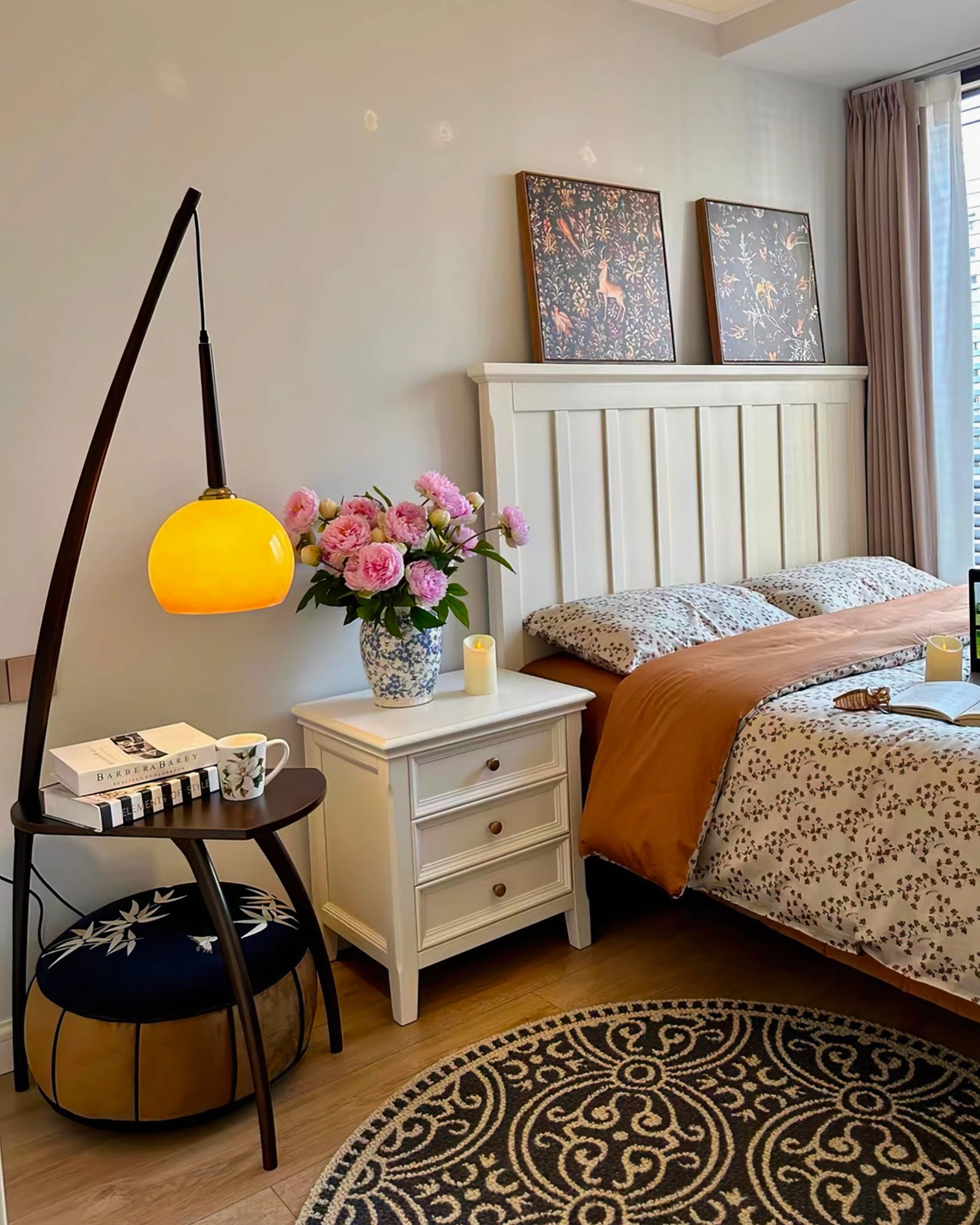 Arc floor lamp architectural detail, curved frame design, mid-century modern aesthetic