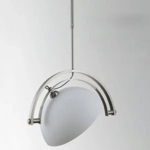Adjustable arc pendant lamp side profile showing double-arched polished silver metal frame and pivoting lamp head mechanism