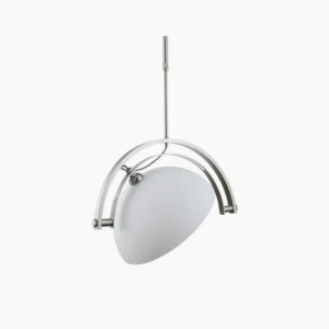 Mid-century arc pendant light with polished chrome frame and matte white shade, modern minimalist design studio shot front view
