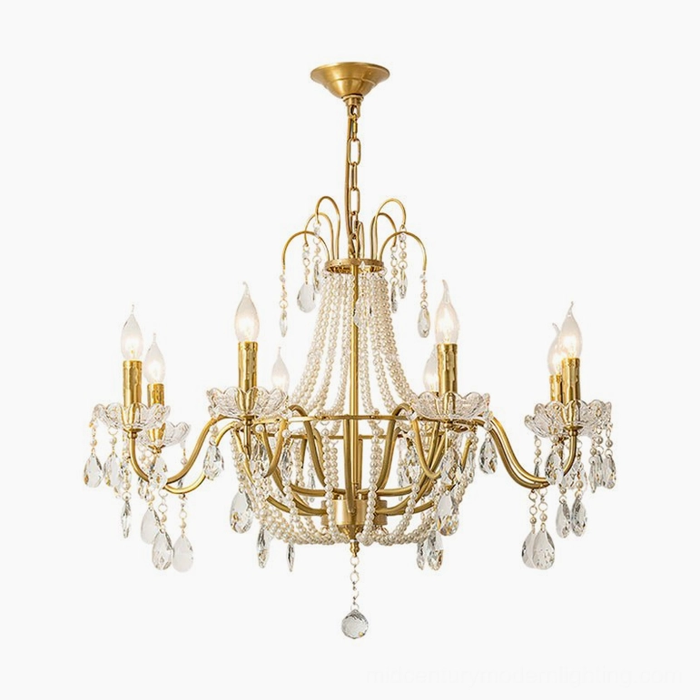 Arcadia 8-head gold crystal chandelier complete fixture, mid-century modern pendant with clear crystals