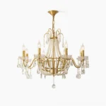 Arcadia 8-head gold crystal chandelier overhead view with clear crystal drops and pearl beads, mid-century modern design