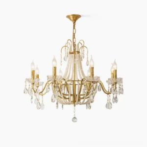 Arcadia 8-head gold crystal chandelier overhead view with clear crystal drops and pearl beads, mid-century modern design