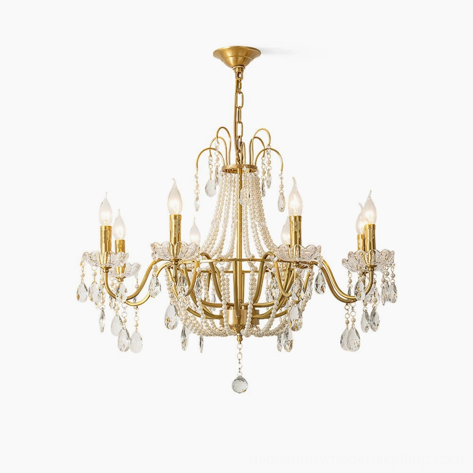 Arcadia 8-head gold crystal chandelier overhead view with clear crystal drops and pearl beads, mid-century modern design