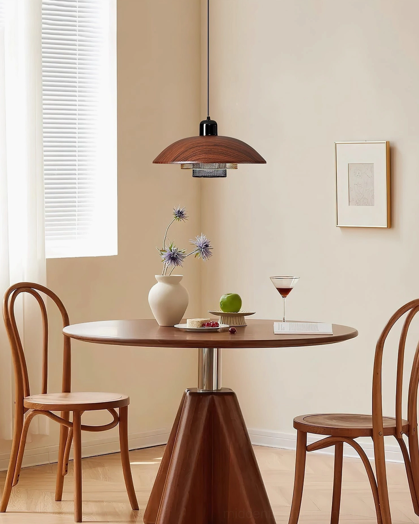 Arcadian mid-century pendant lamp above wooden dining table, vintage retro dining room setting