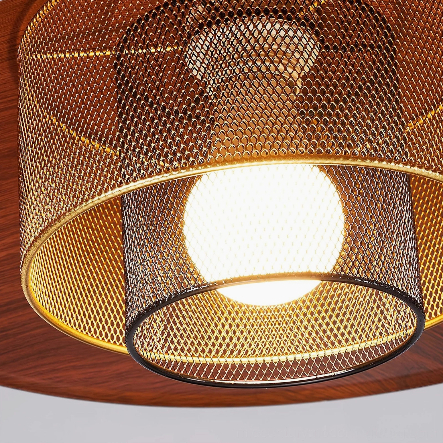 Close-up detail of Arcadian pendant light double-layer metal mesh shade with warm glowing bulb