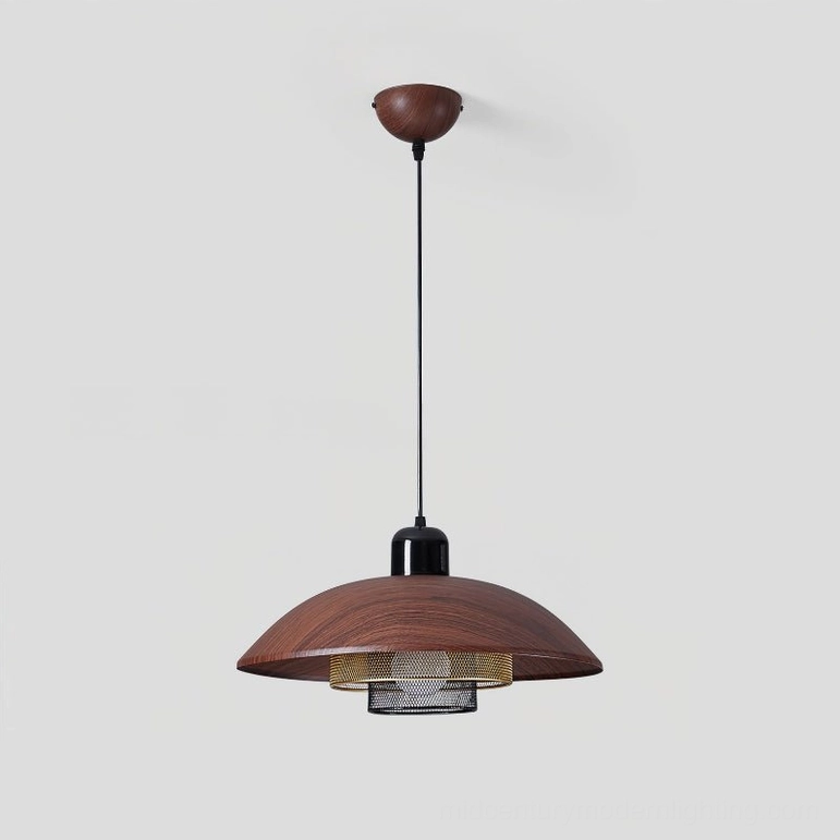 Arcadian mid-century modern pendant light with metal mesh base and walnut finish