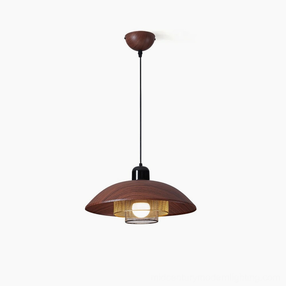 Arcadian mid-century pendant light with walnut wood and metal mesh shade, front view on white background