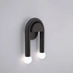 Black arched wall sconce three-quarter side perspective showing curved metal frame and dual LED globe lights