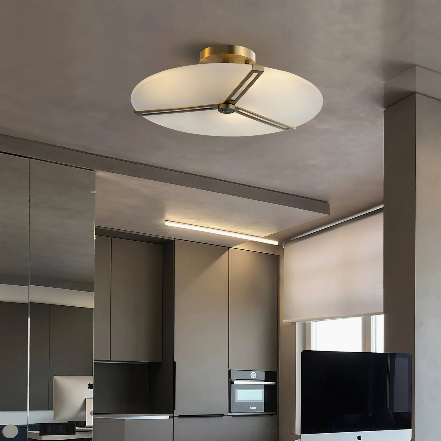 Architectural geometric brass ceiling lamp in minimalist modern home design