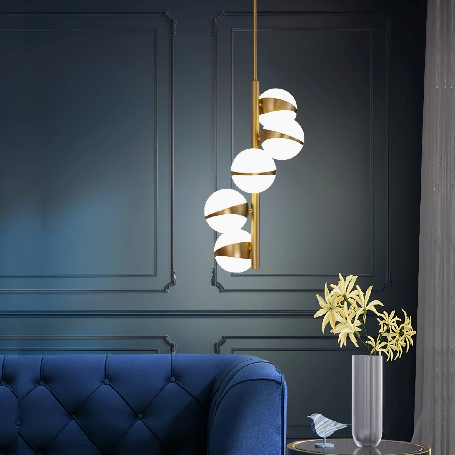 Grand Lustre chandelier brass frame architectural detail, modern mid-century inspired pendant fixture design