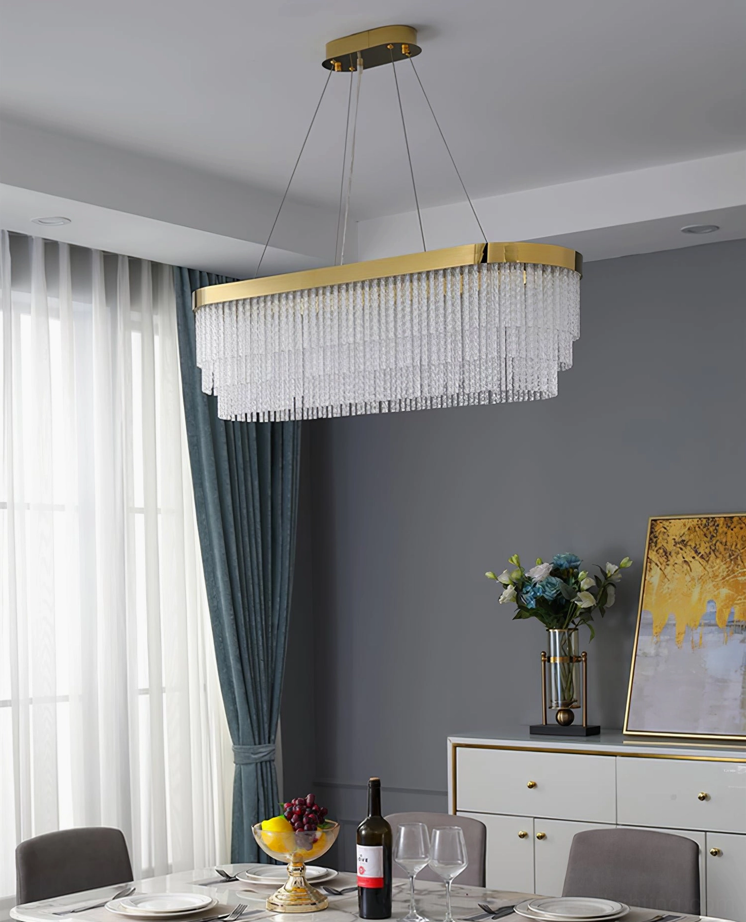 Crystal chandelier architectural pendant light with geometric form and gold trim