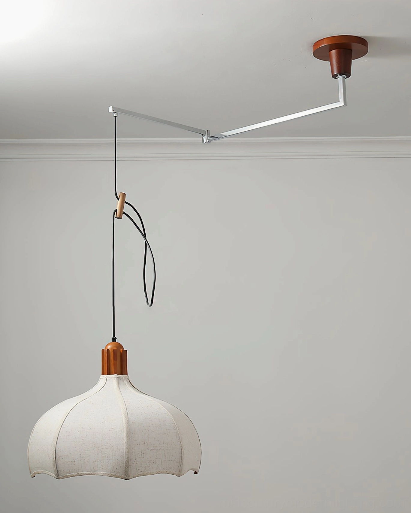 Unlit Arden swing arm pendant shade with scalloped edge design and off-white fabric