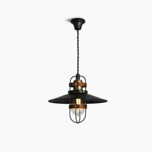Arely industrial pendant lamp with black metal cage and walnut wood accents hanging in studio setting, front view showcasing vintage warehouse aesthetic