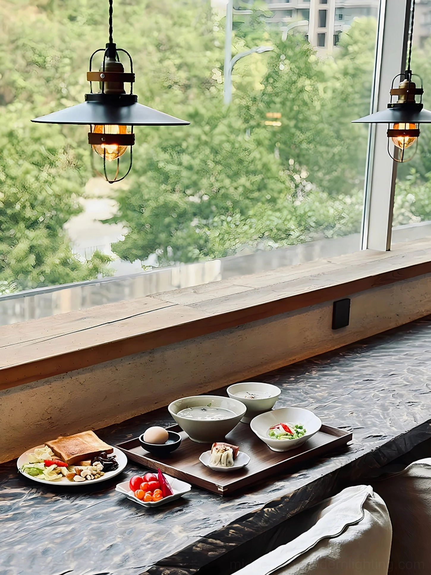 Arely pendant lamp installed overhead in casual industrial cafe setting by window with dining counter aesthetic