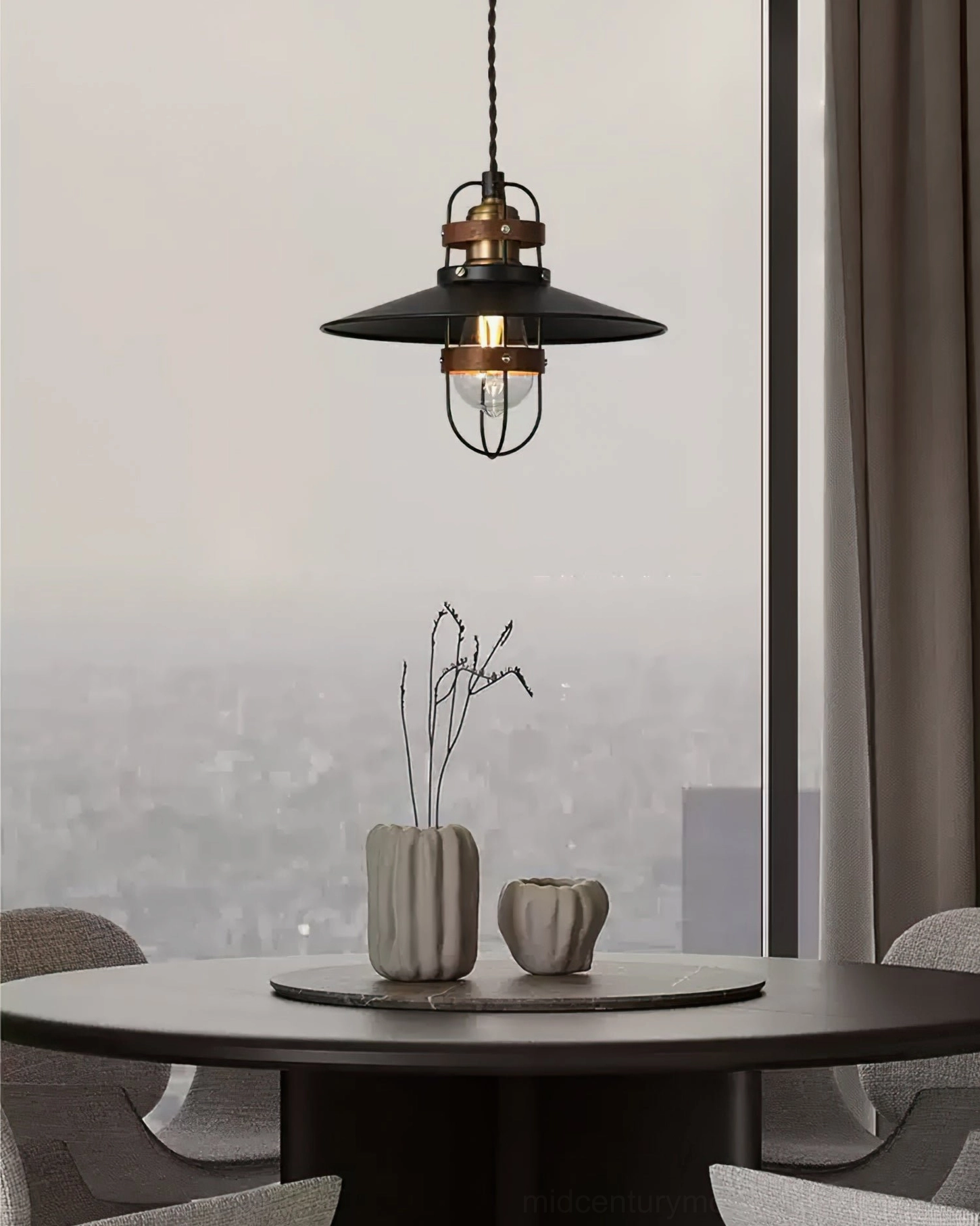 Arely mid-century modern industrial pendant lamp full hanging view, black metal cage with walnut wood accents, front perspective