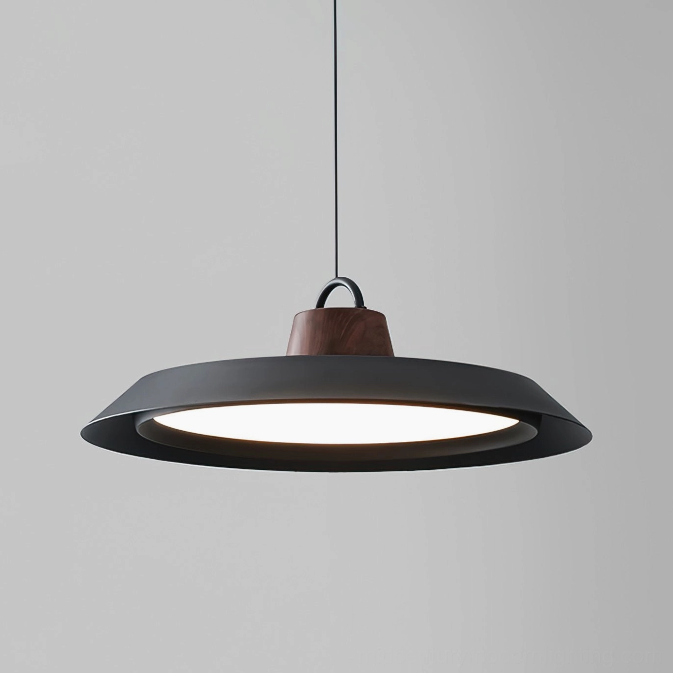 Arenal matte black disc pendant light, front view demonstrating pure geometric form