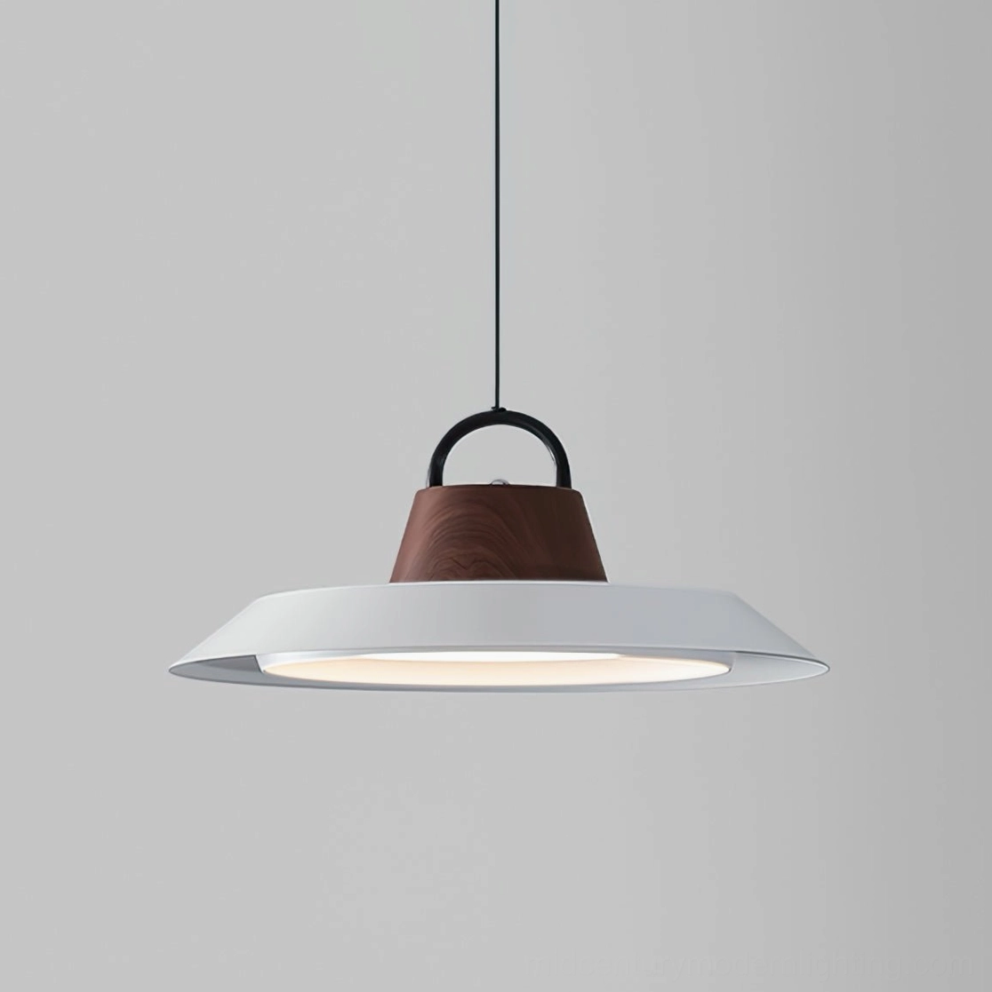 Technical specifications diagram of Arenal mid-century disc pendant with dimensions and wattage