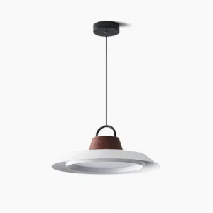 Arenal mid-century modern disc pendant light in white with walnut accent, shown hanging against clean studio backdrop