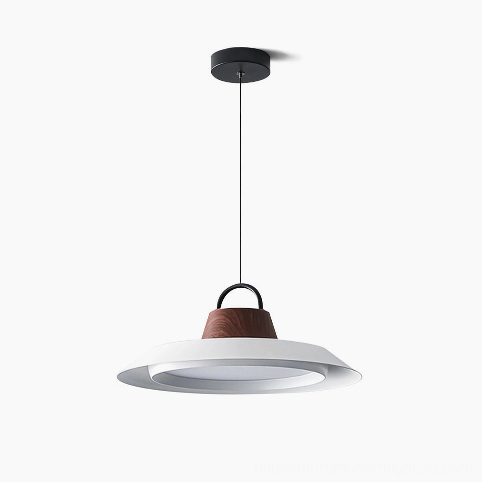 Arenal mid-century modern disc pendant light in white with walnut accent, shown hanging against clean studio backdrop