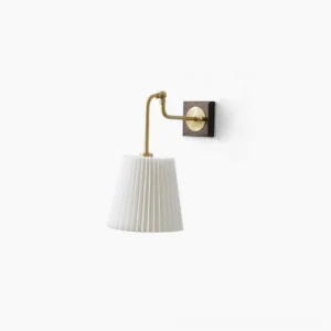 Argon pleated fabric wall lamp with brass arm and walnut wood mount, minimalist Nordic design on white background