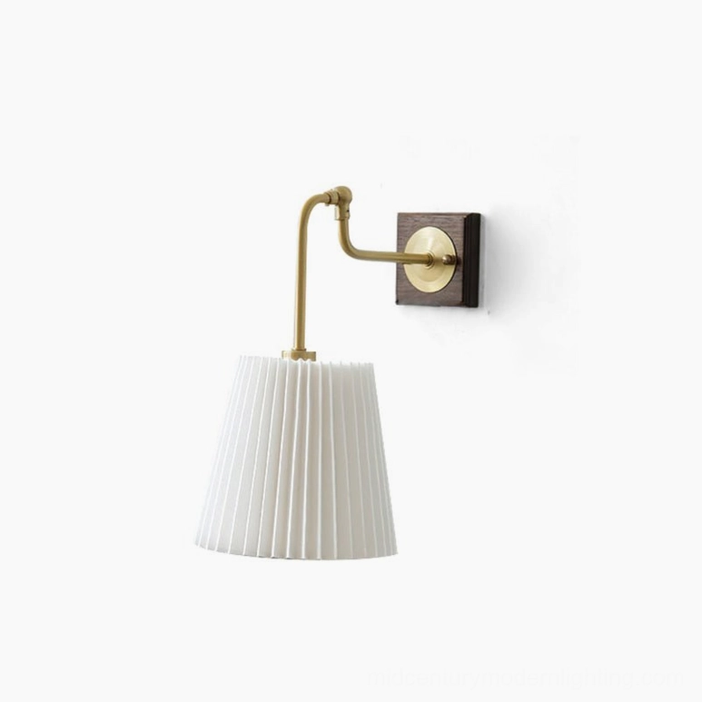 Argon pleated fabric wall lamp brass and walnut color variant product detail shot showing finish quality and materials