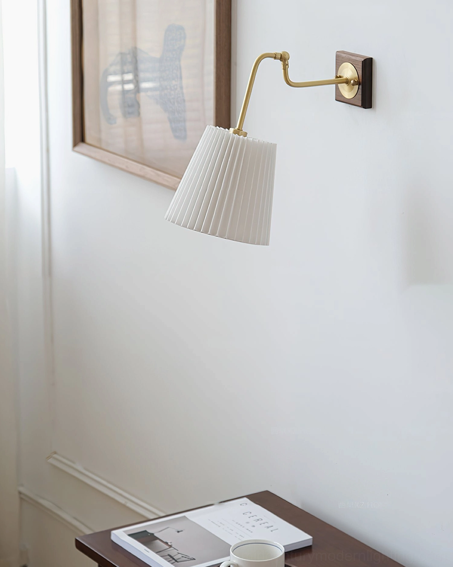 Low-angle view of lit Argon wall lamp in home corner with side table, warm ambient lighting for intimate spaces