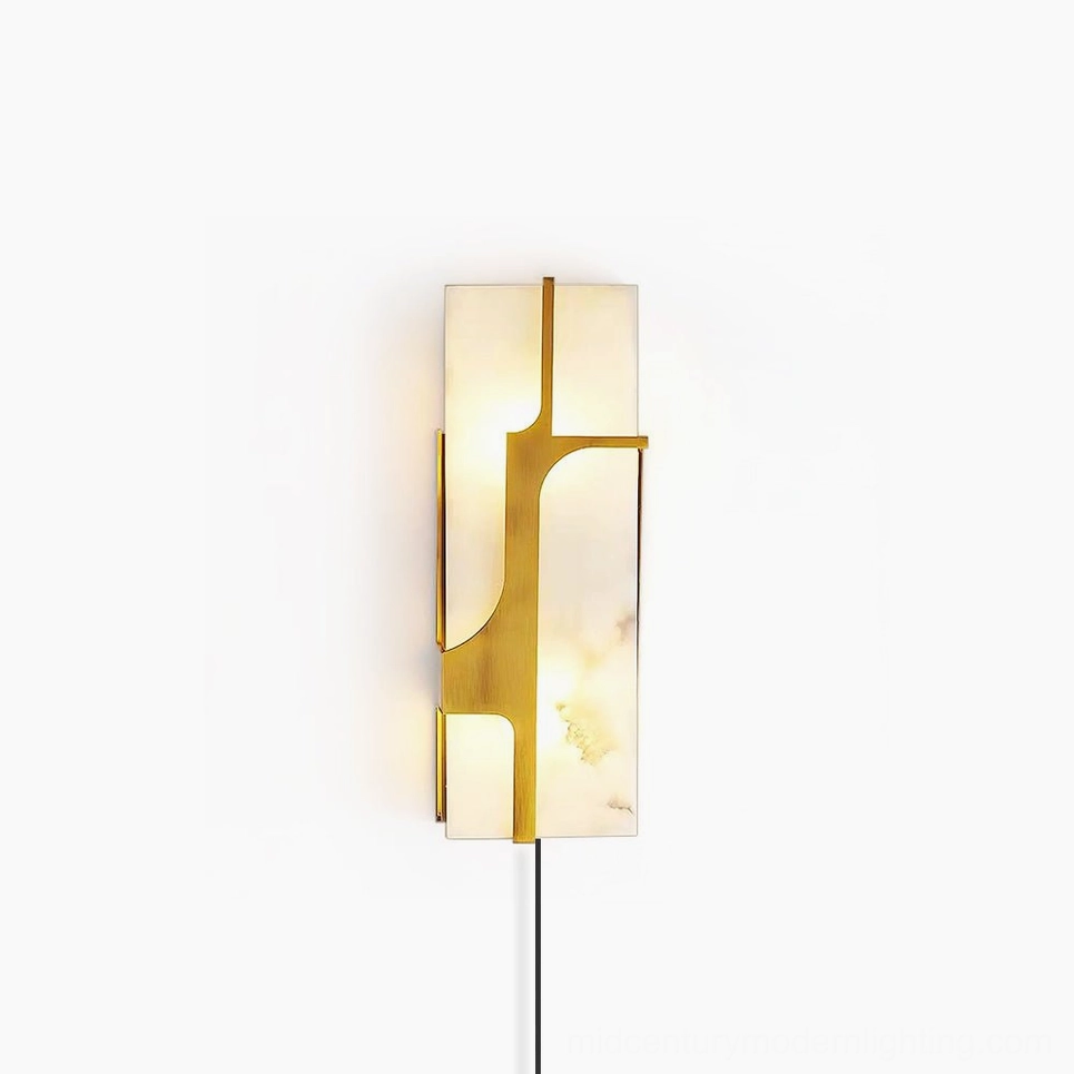 Ariel alabaster plug-in wall sconce illuminated showing warm light diffusion through natural stone