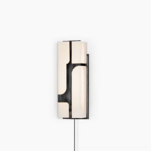 Ariel alabaster plug-in wall sconce with black metal frame and white stone shade, front view on white studio background