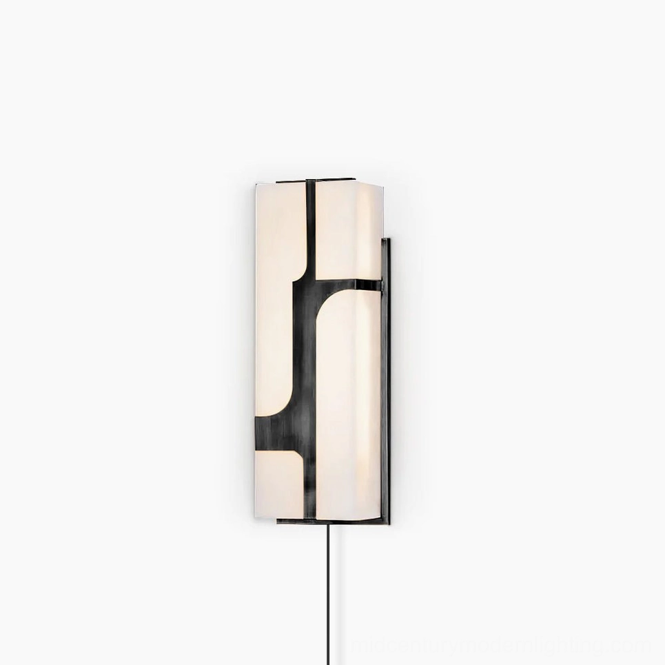 Ariel alabaster plug-in wall sconce with black metal frame and white stone shade, front view on white studio background