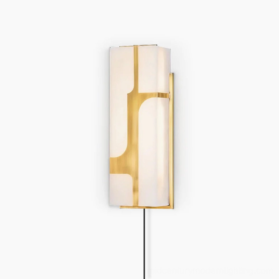 Ariel brass and white alabaster plug-in wall sconce with warm gold metal frame detail