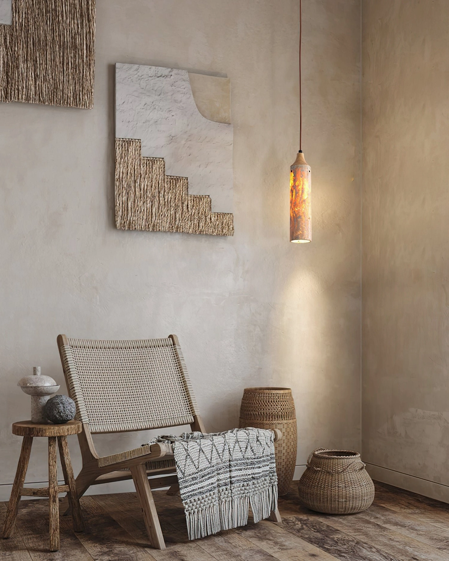 Warm amber Arlene travertine pendant illuminating cozy boho bedroom with woven textiles