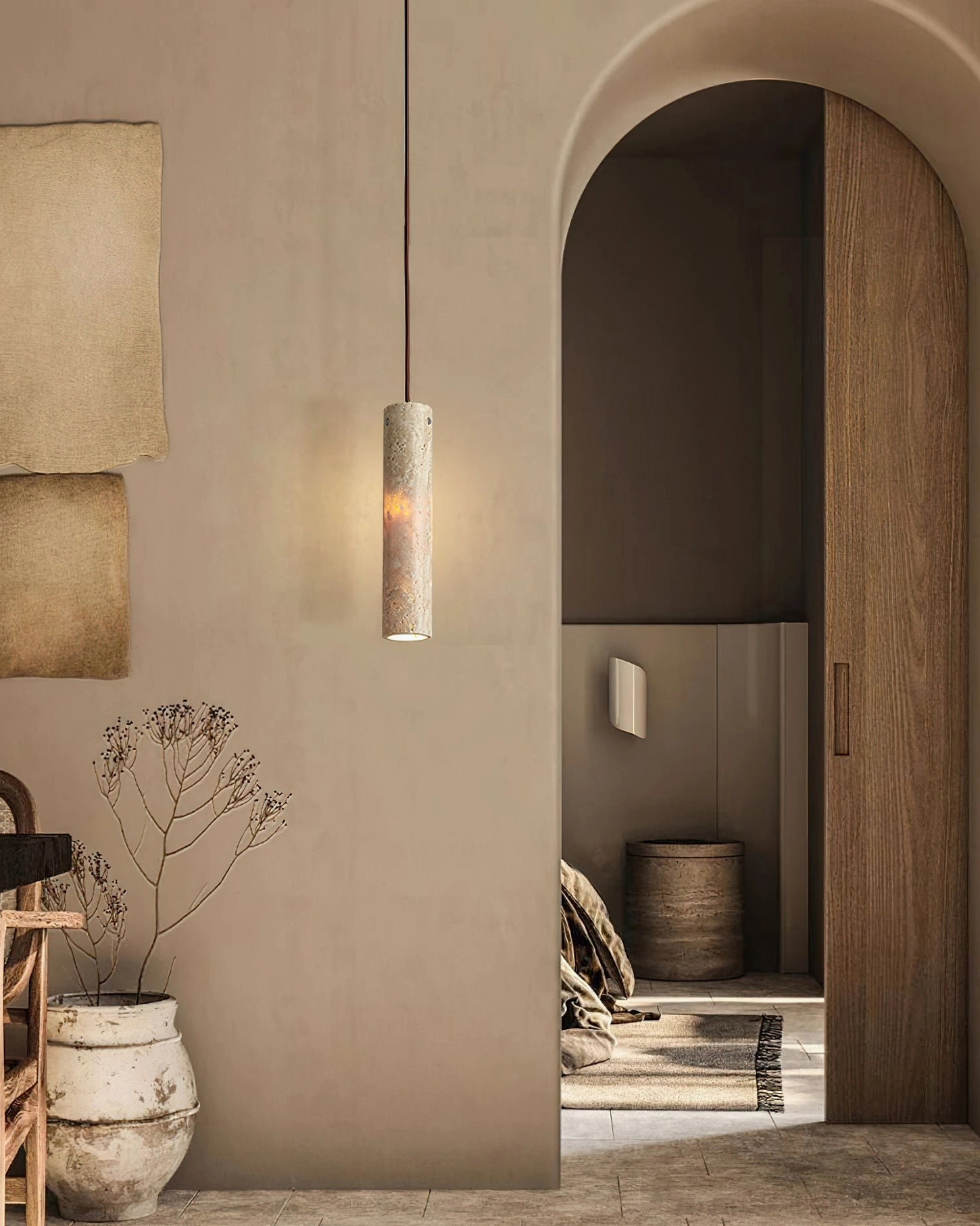 Arlene travertine pendant with wood accent in minimalist arched entryway hallway