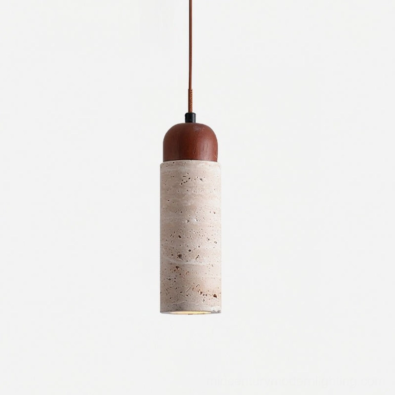 Arlene travertine pendant Model C shorter height with walnut wood in cozy bedroom corner