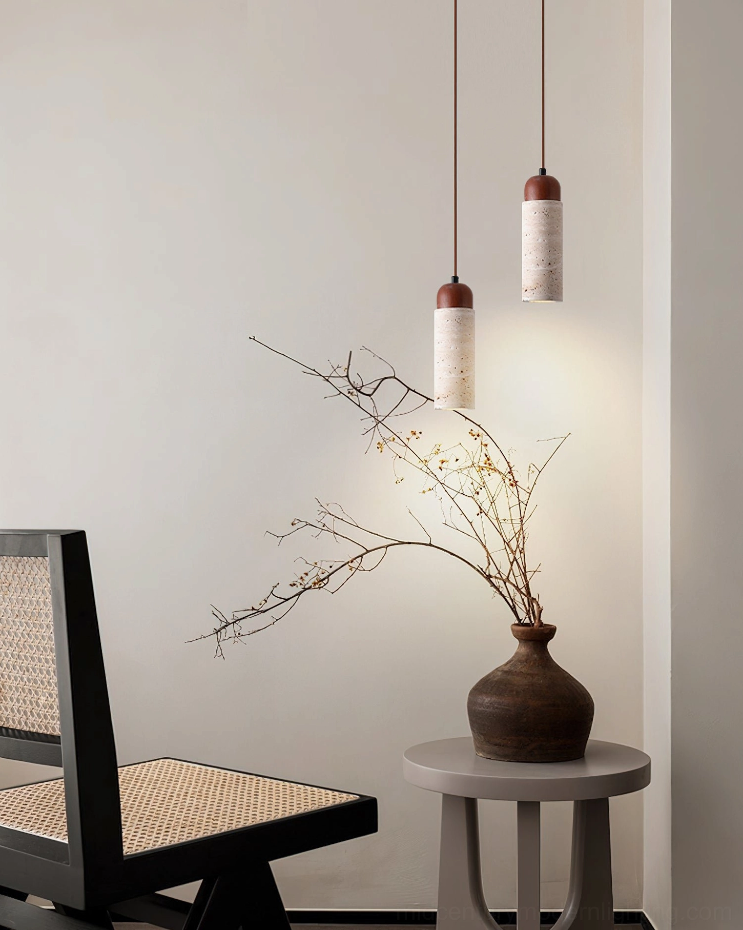 Close-up detail of Arlene travertine pendant lamp stone texture and natural pitting