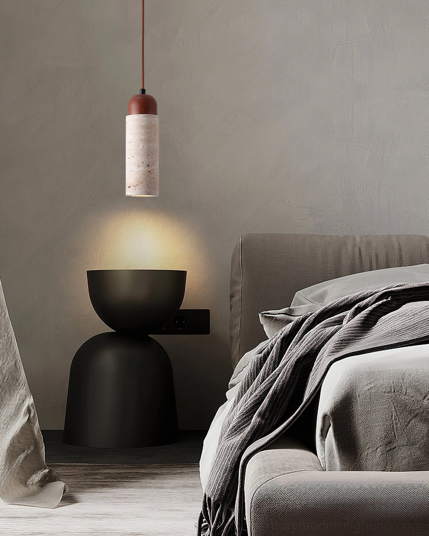 Cylindrical Arlene pendant with wooden top fixture above bedroom dark side table