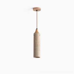 Arlene travertine pendant lamp front view with natural stone cylinder and wood accent, studio lighting on white background