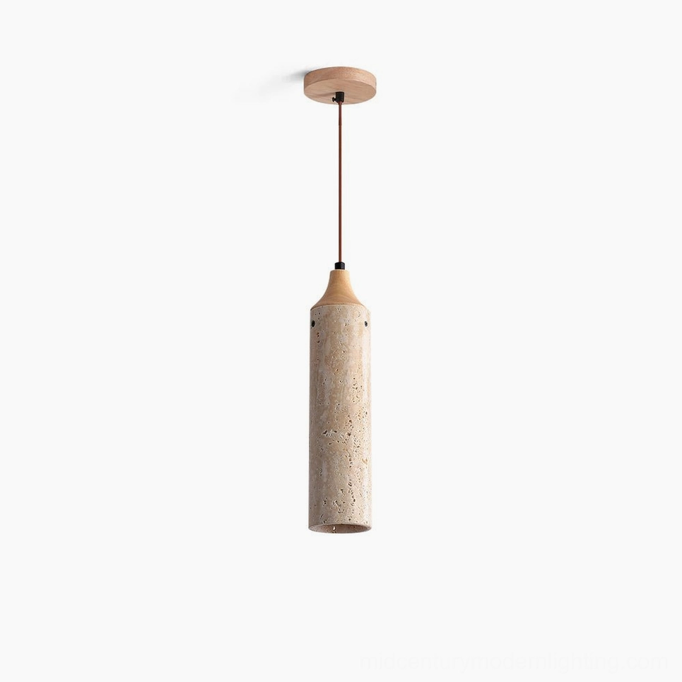 Arlene travertine pendant lamp front view with natural stone cylinder and wood accent, studio lighting on white background