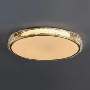 Arlus LED flush mount ceiling lamp with warm light emission, studio photography with dark background highlighting glass texture