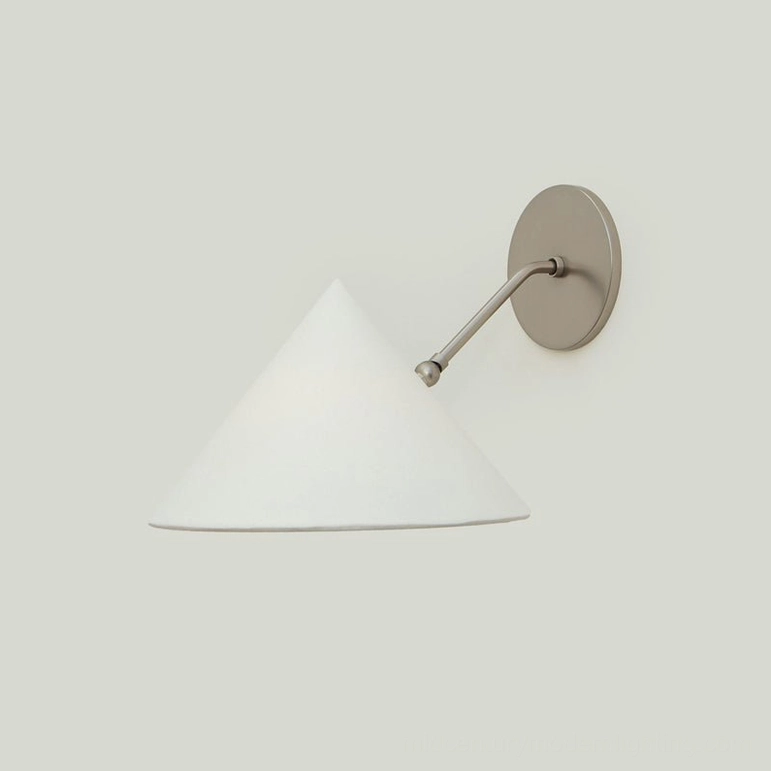 Arno wall sconce with brushed nickel silver hardware and white conical shade, minimalist side view