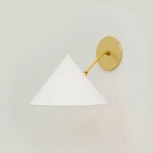 Arno mid-century modern wall light with polished gold brass hardware and white conical fabric shade