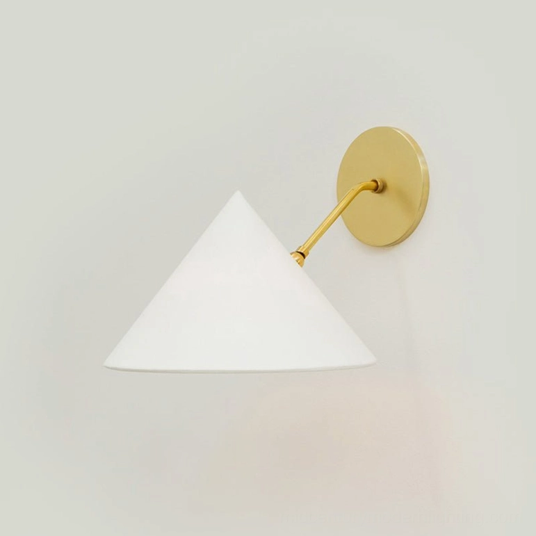 Arno mid-century modern wall light with polished gold brass hardware and white conical fabric shade