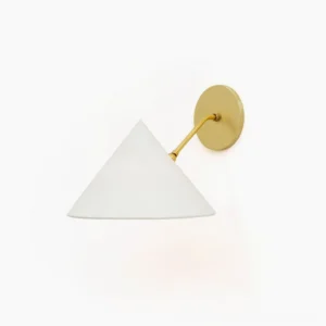 Arno conical wall sconce with brass finish and white fabric shade, side view studio photography